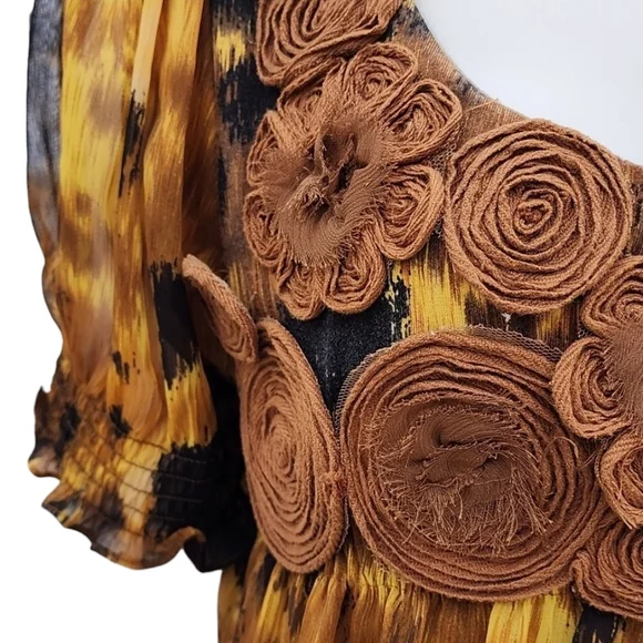 VINTAGE ECI Babydoll Tunic Top Mini Dress 10 L Appliques Rosette Ruffles Y2K - Picture 13 of 16